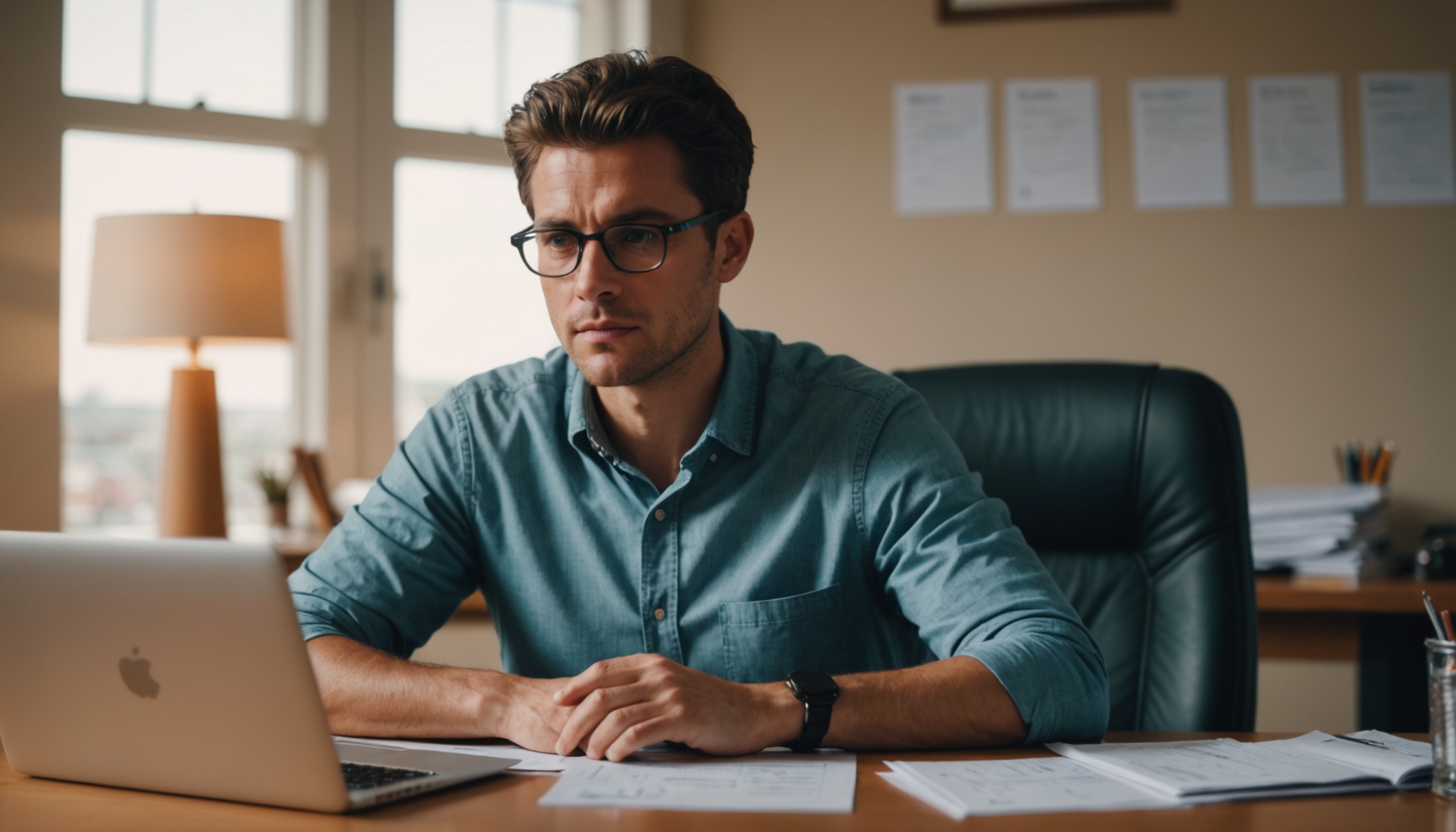 A serene photograph of a person sitting at a desk, surrounded by financial documents and a laptop, with a look of determination and focus, shot in a warm and inviting style with a shallow depth of field, emphasizing the person's face and hands