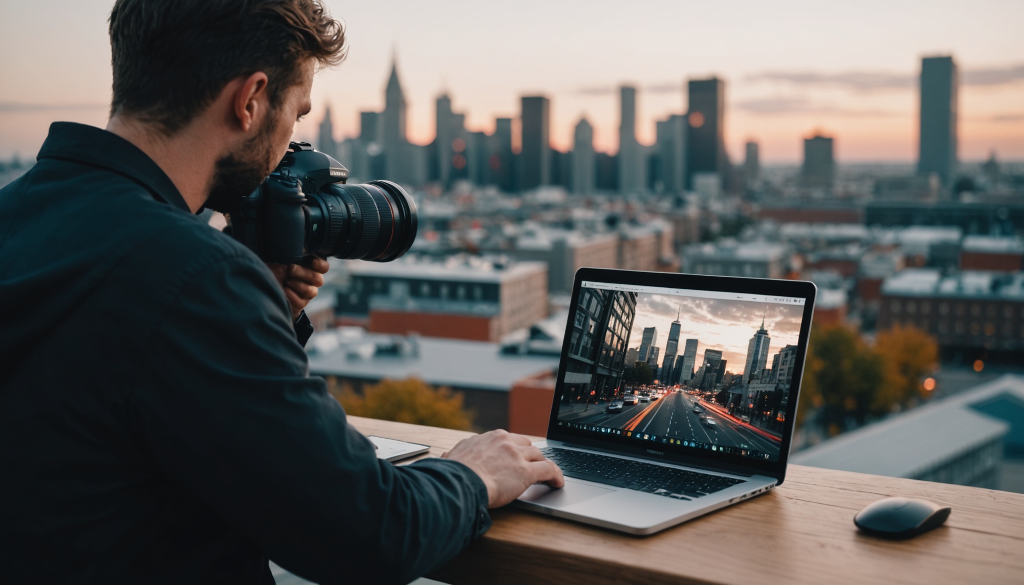 A professional photographer taking a photo of a person looking at a laptop with a cityscape in the background, shot in a minimalist style with a shallow depth of field, conveying a sense of focus and clarity