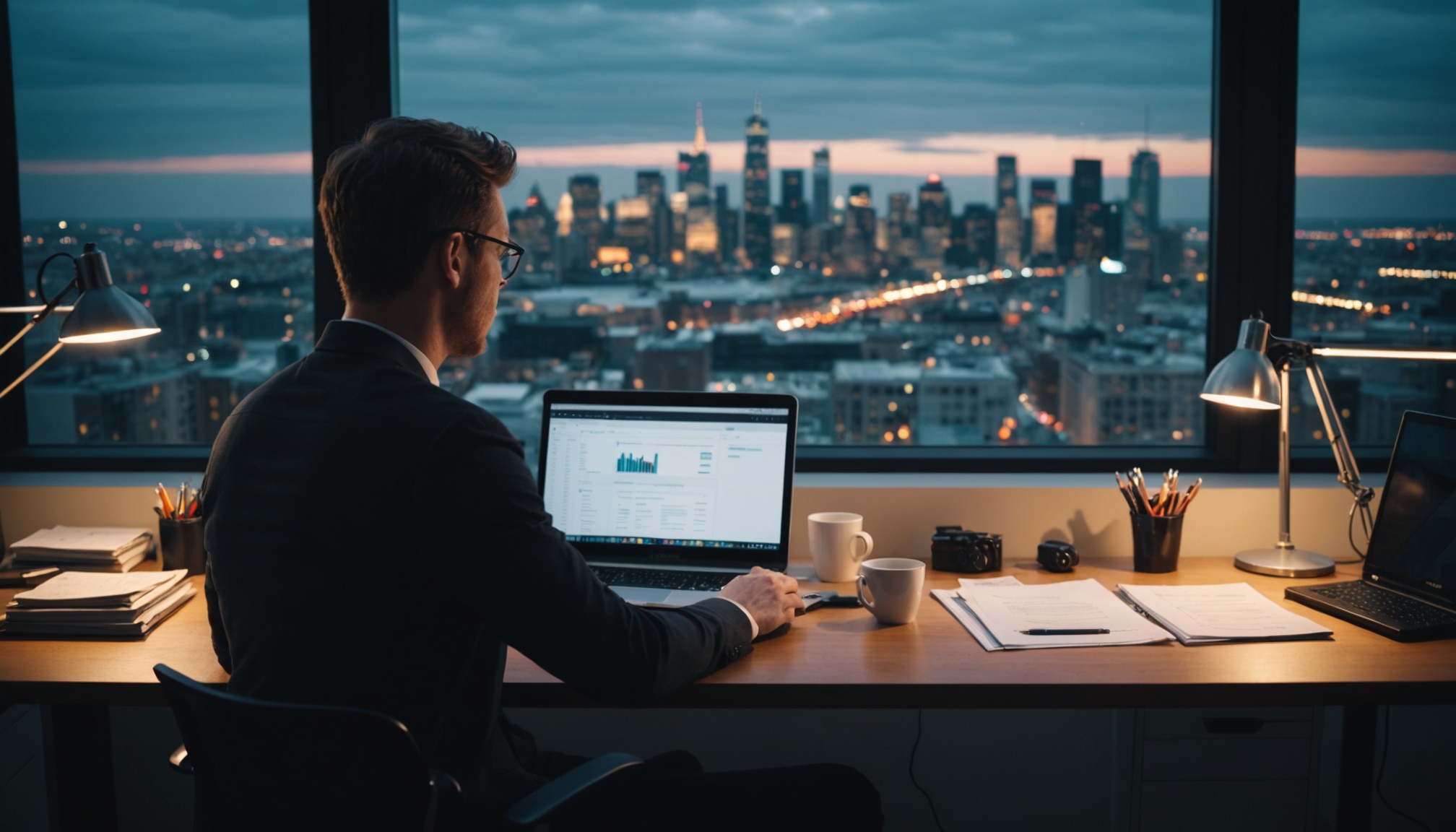 A professional photographer's shot of a person sitting at a desk, surrounded by financial documents and a laptop, with a cityscape in the background, conveying a sense of financial stability and security