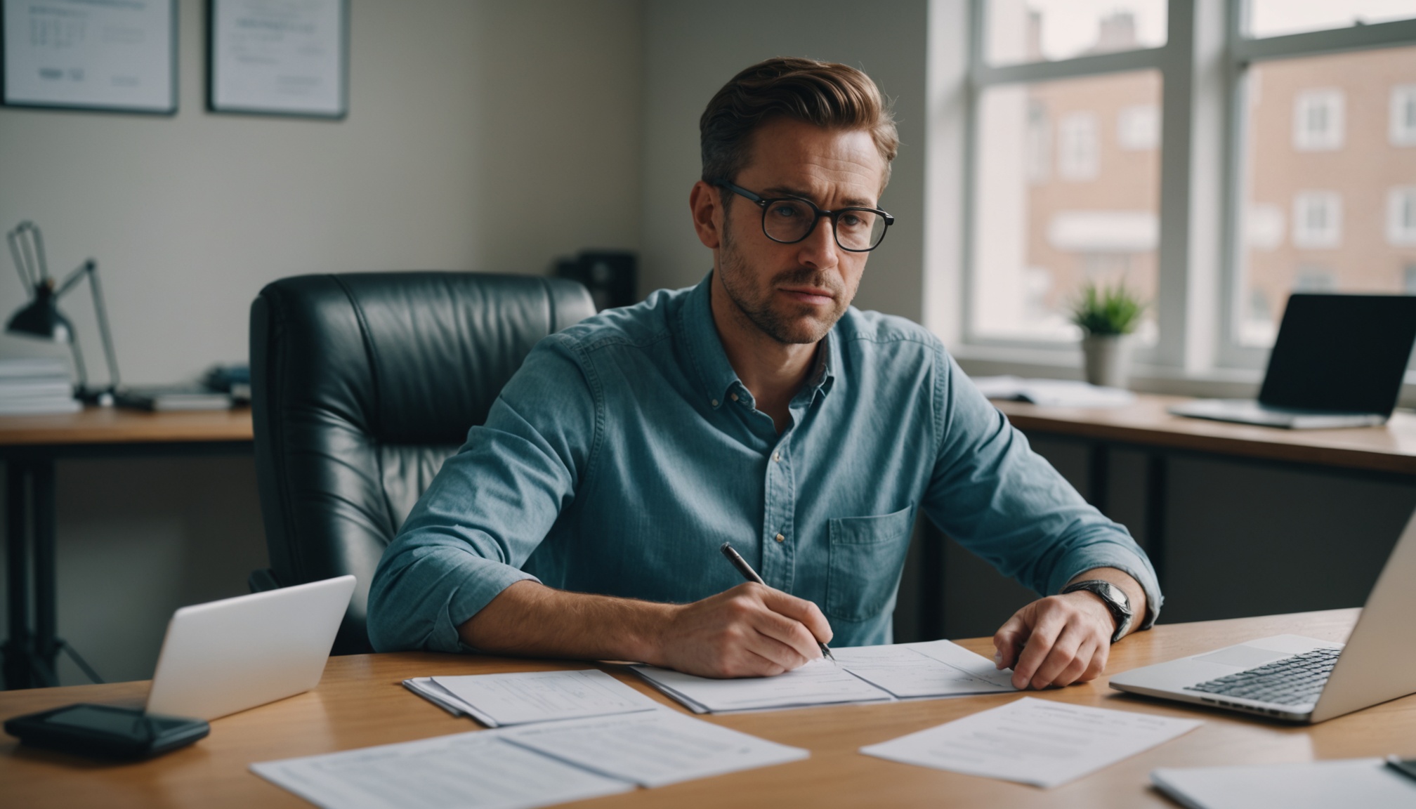 A photograph of a person sitting at a desk, surrounded by financial documents and a laptop, with a thoughtful expression on their face, shot in a minimalist style with a shallow depth of field