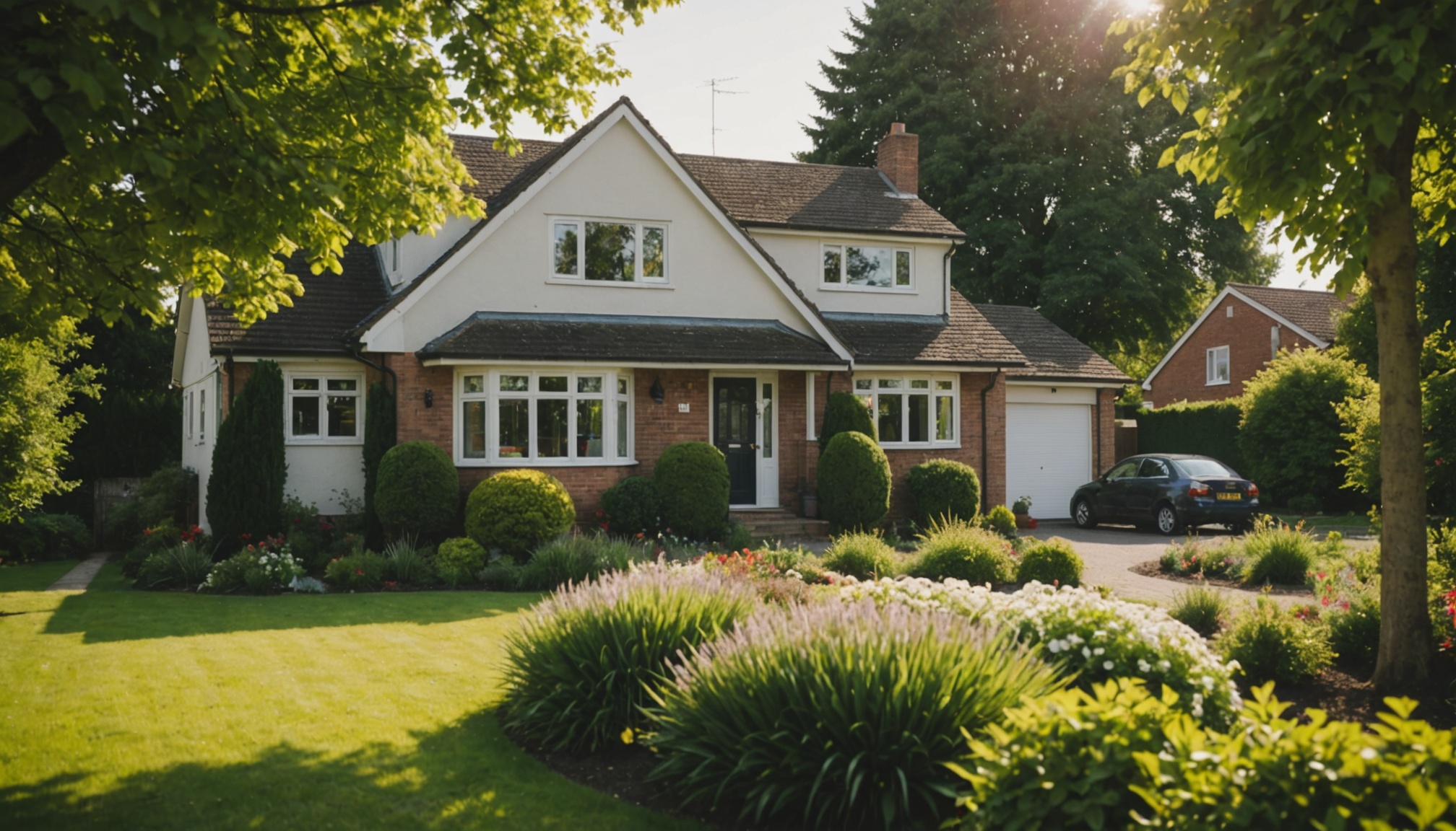 A serene photograph of a suburban home with a beautiful garden, taken on a sunny day with a shallow depth of field, emphasizing the warmth and comfort of the property