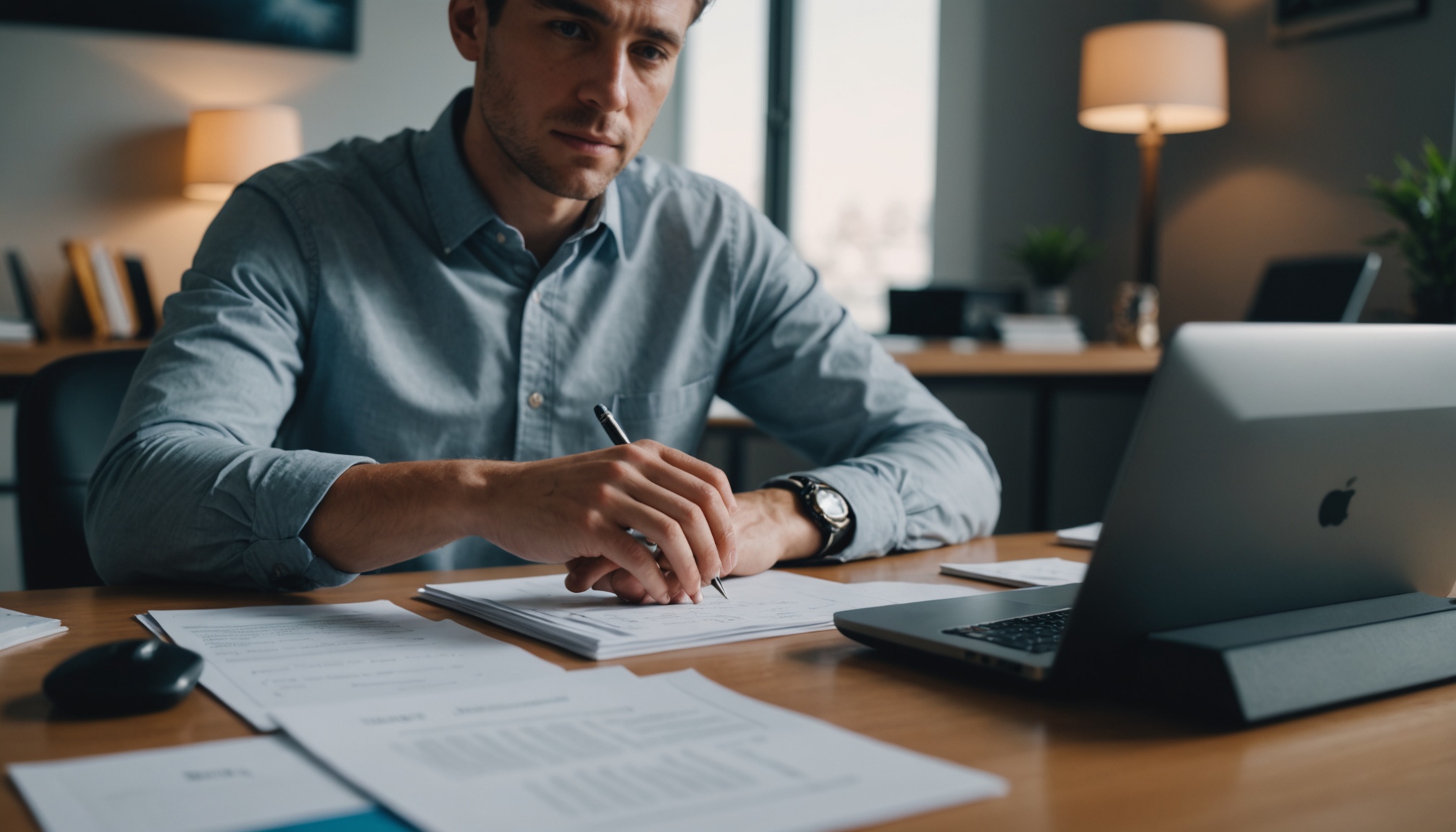 A photograph of a person sitting at a desk, surrounded by financial documents and a laptop, with a calm and focused expression, shot in a minimalist style with a shallow depth of field, using a neutral color palette and soft lighting