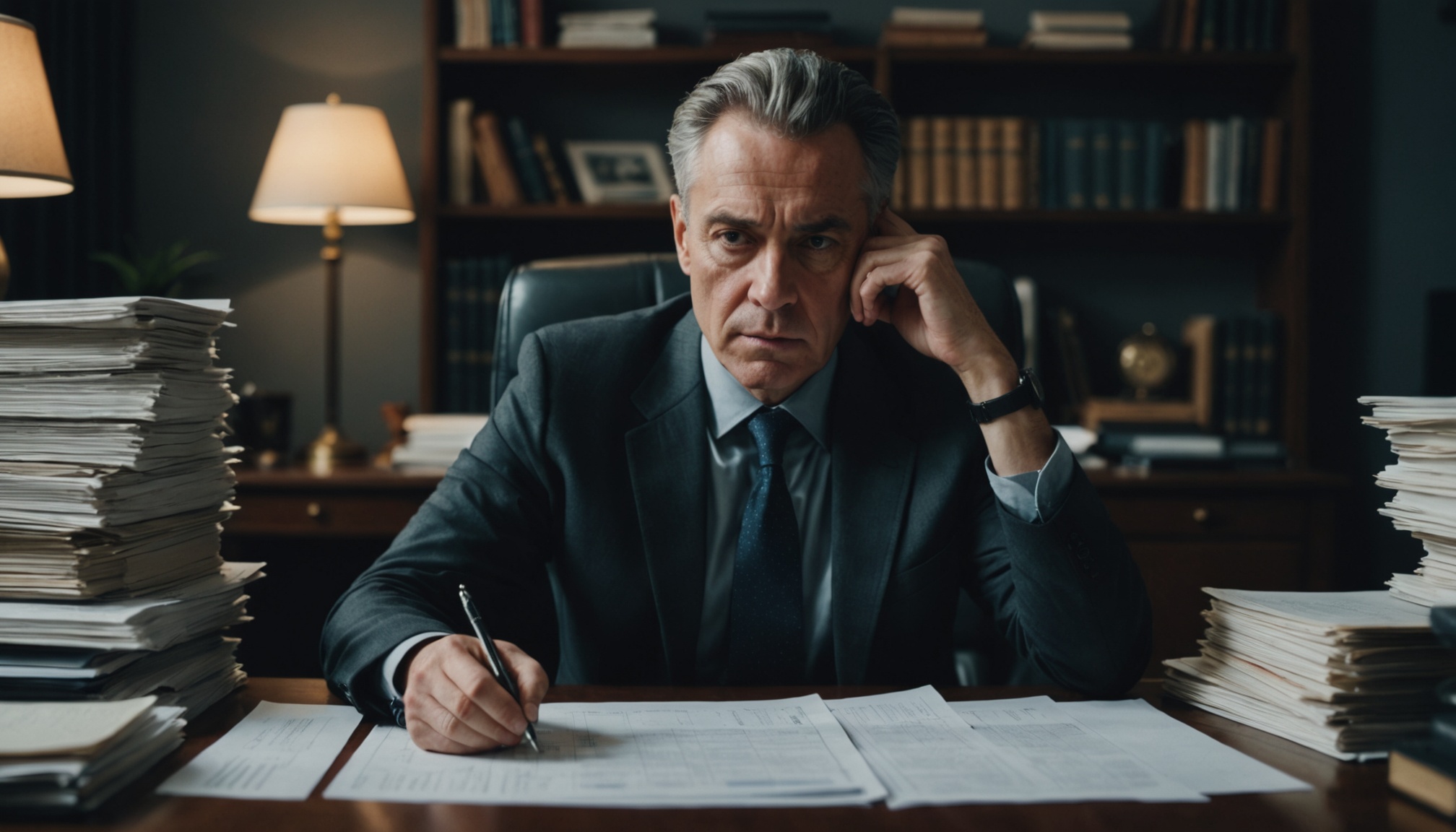 A photograph of a person sitting at a desk, surrounded by financial documents and looking concerned, shot in a moody, cinematic style with a shallow depth of field, emphasizing the subject's worried expression