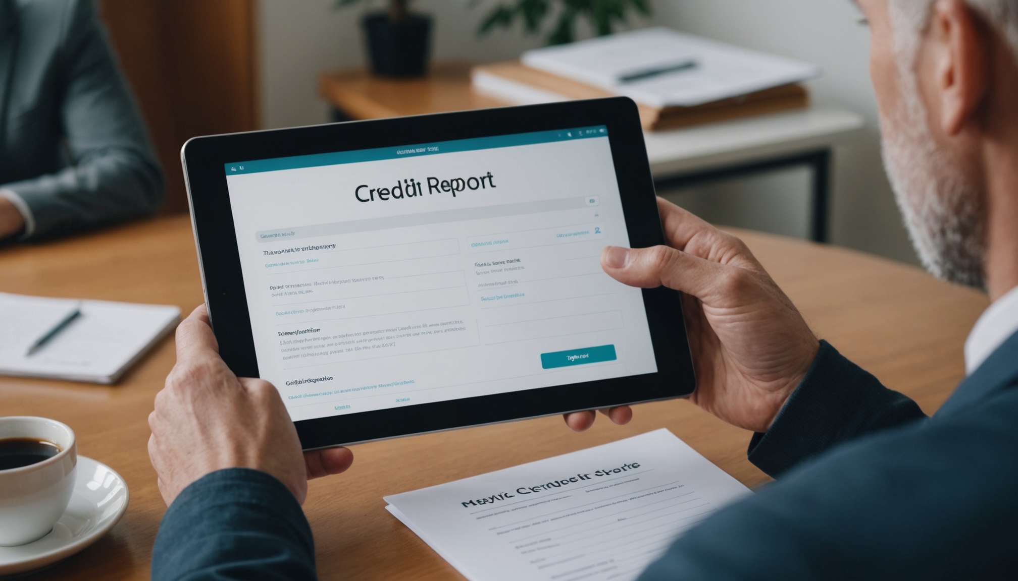 A photograph of a person holding a tablet with a concerned expression, looking at their credit report, shot in a minimalist style with a shallow depth of field, emphasizing the importance of monitoring one's credit score