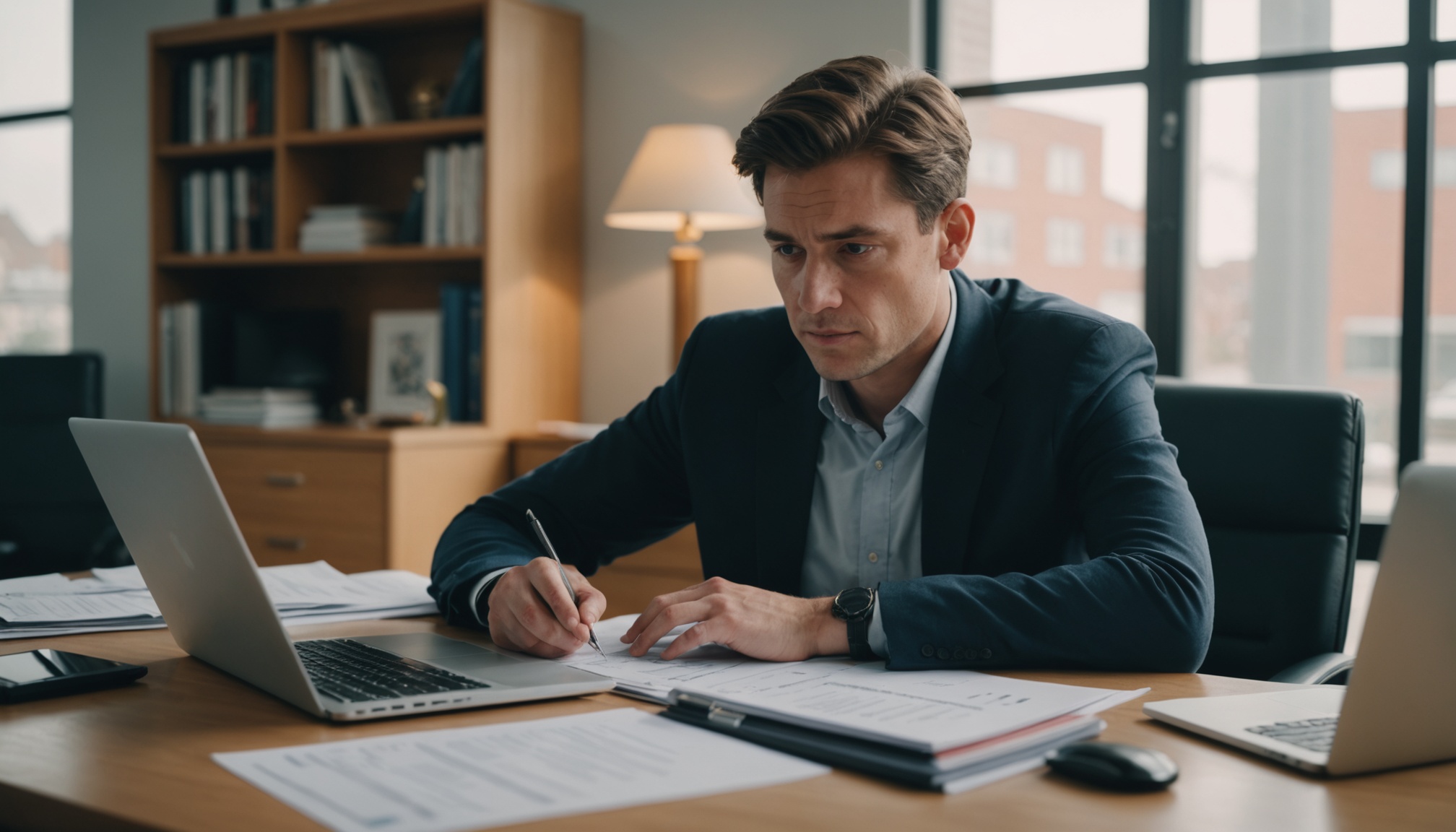 A photograph of a person sitting at a desk, surrounded by financial documents and a laptop, with a calm and focused expression, shot in a natural light with a shallow depth of field