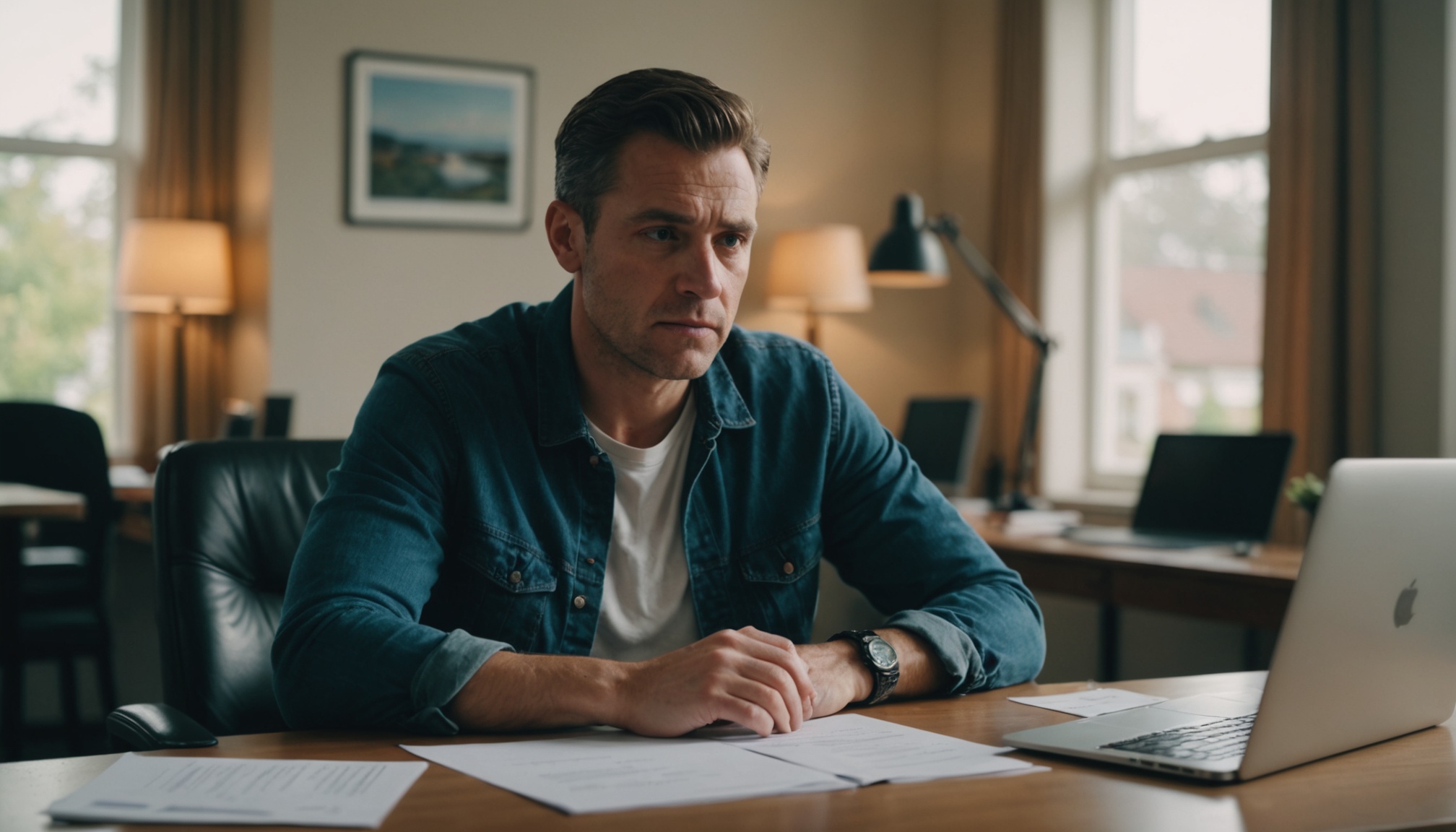 A photograph of a person sitting at a desk with a laptop and papers, looking concerned about their mortgage and personal finance, shot in a natural light with a shallow depth of field, emphasizing the person's emotions