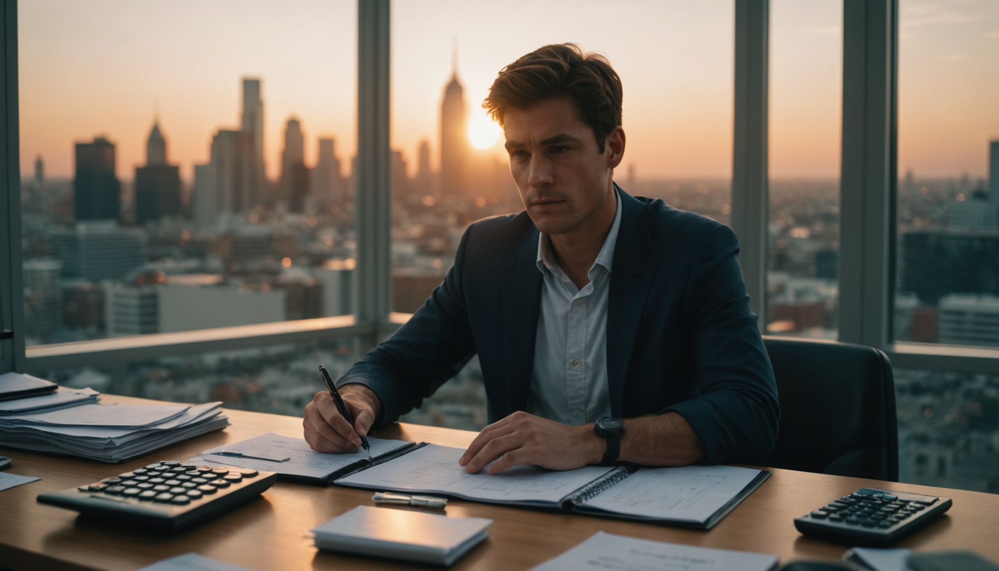 A photograph of a person sitting at a desk, surrounded by papers and calculators, with a subtle background of a cityscape at sunset, shot in a cinematic style with a shallow depth of field