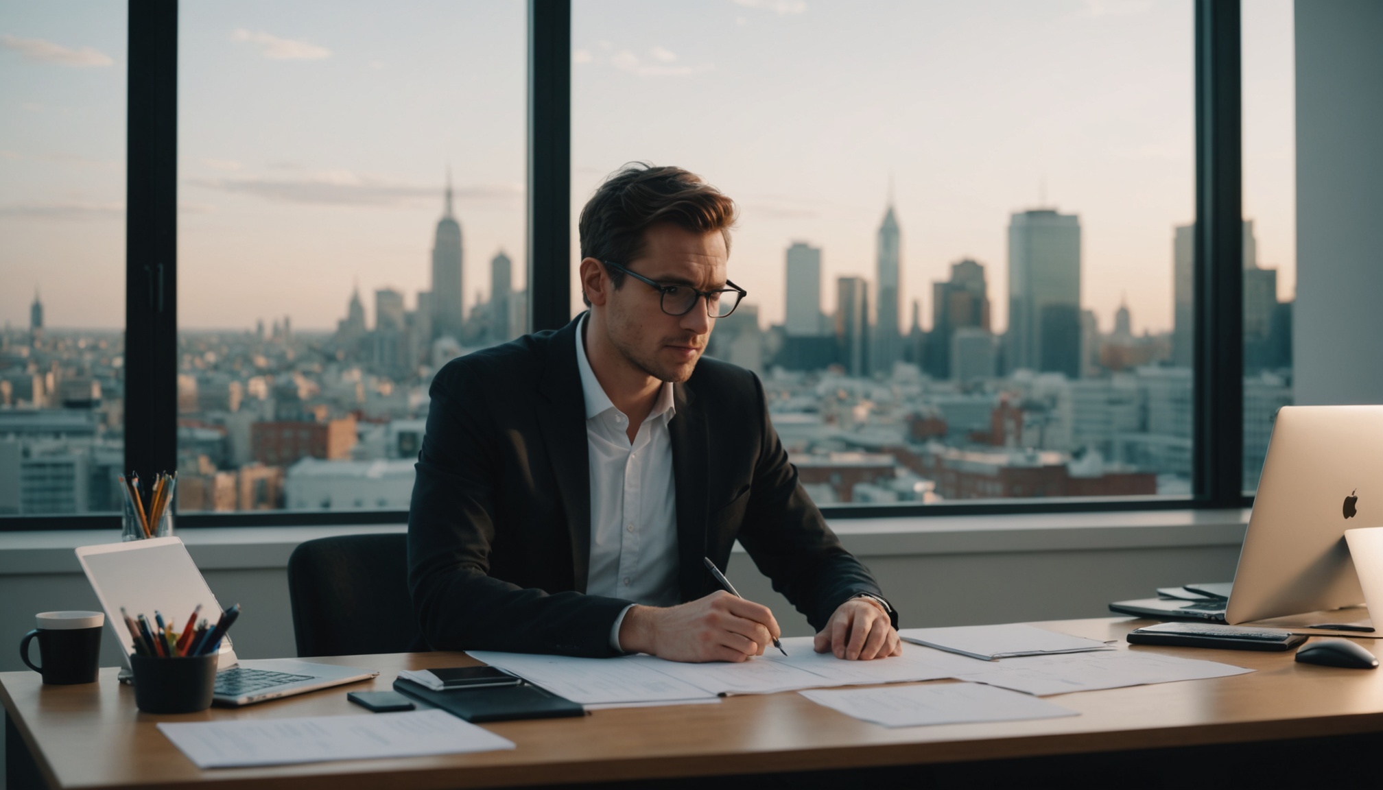 A photograph of a person sitting at a desk, surrounded by papers and a laptop, with a cityscape in the background, shot in a minimalist style with a shallow depth of field, conveying a sense of focus and productivity