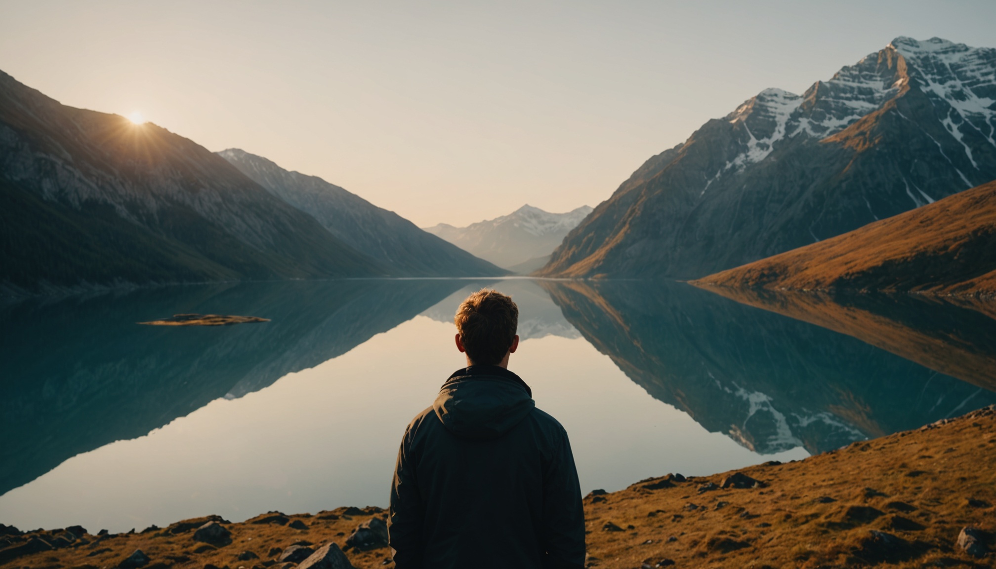 A serene landscape photograph of a person standing on a mountain peak, with a calm lake in the background, symbolizing financial freedom and stability, shot in a warm, golden hour light with a shallow depth of field