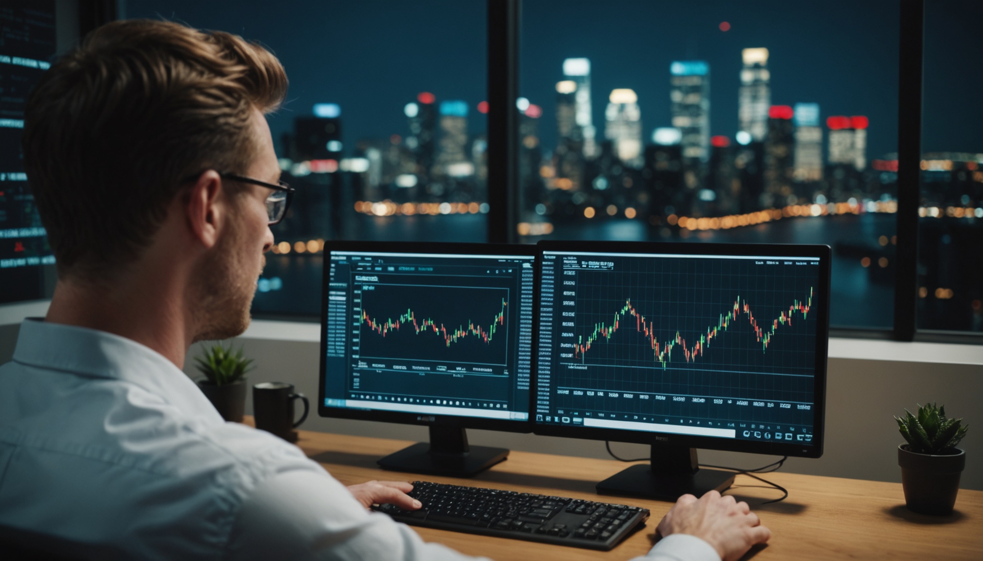 A photograph of a person looking at a stock market graph on a computer screen, with a cityscape in the background, shot in a cinematic style with a shallow depth of field